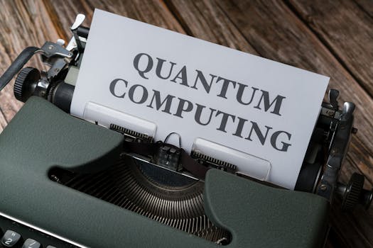 Quantum computing concept displayed on a vintage typewriter on wooden table.